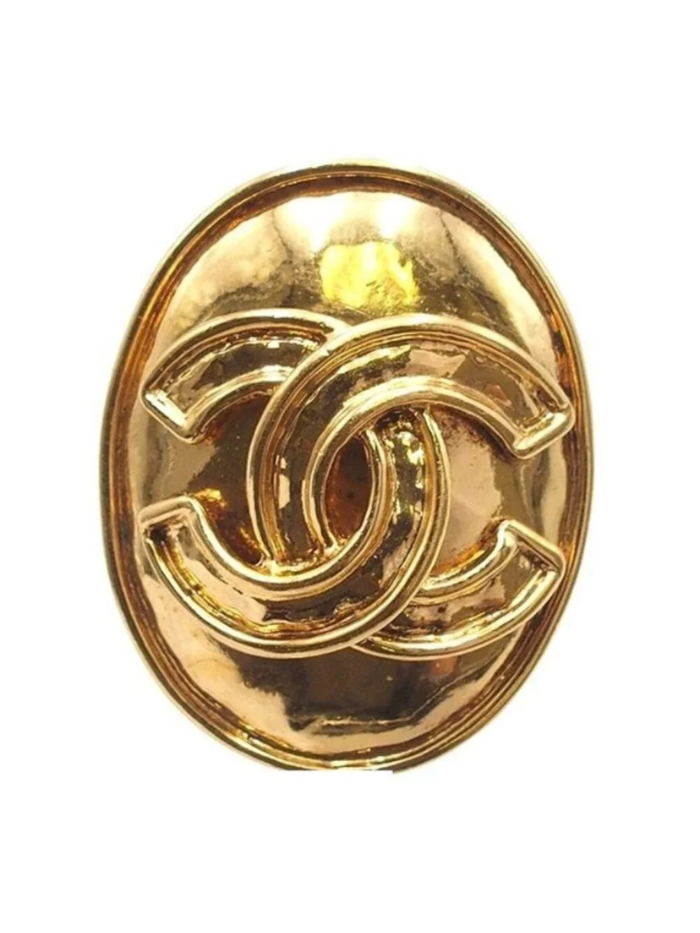 Chanel Earrings Gold Metal Oval CC Logo Vintage